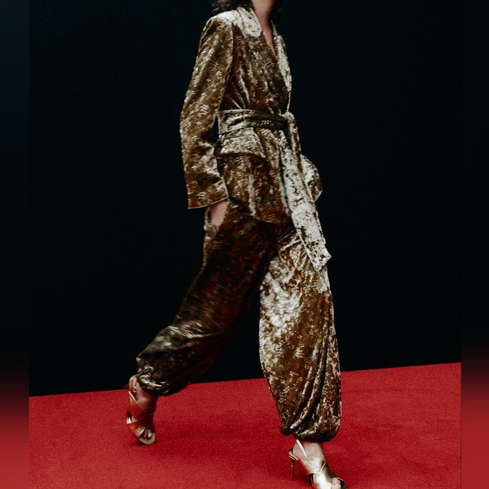 Zara Set METALLIC THREAD VELVET BLAZER WITH BELT + Balloon Pants Zw Collection